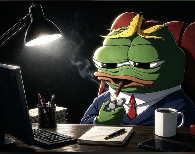 An illustration depicts the Pepe the Frog meme character wearing a business suit and smoking a cigar at a desk with a lamp, keyboard, mug, and smartphone.