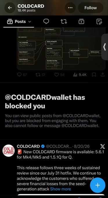 A Twitter/X screenshot showing the COLDCARD account has blocked the viewer, with a visible post dated 8/20/26 announcing new COLDCARD firmware versions 5.6.1 for Mk4/Mk5 and 1.5.1Q for Q, following a seed-generation attack.