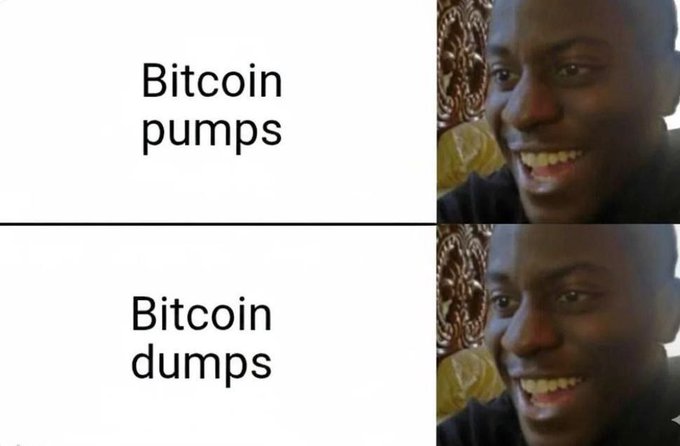 A two-panel meme showing a smiling Black man with text reading "Bitcoin pumps" on top and "Bitcoin dumps" on bottom, humorously suggesting the same reaction to both scenarios.