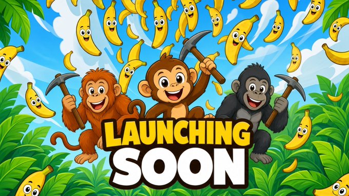 A colorful cartoon promotional graphic featuring three monkeys holding hammers surrounded by bananas, with the text "LAUNCHING SOON".