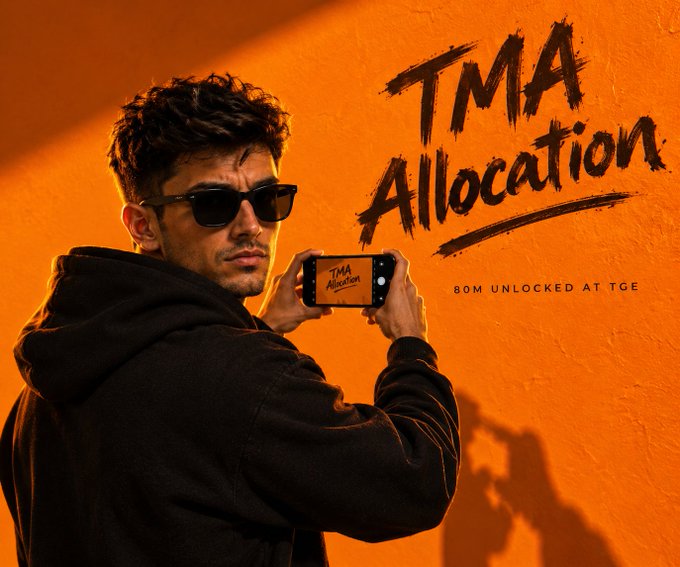 A promotional image featuring a man in sunglasses holding a phone displaying 'TMA Allocation', with stylized text reading 'TMA Allocation' and '80M UNLOCKED AT TGE' on an orange background.