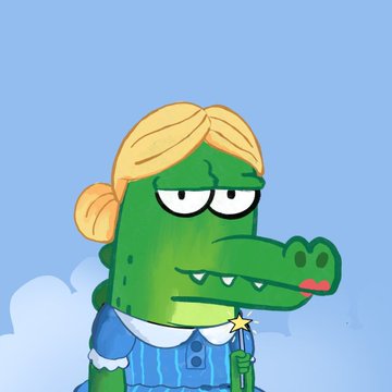 A cartoon illustration of a green crocodile character with blonde hair styled in a bun, wearing a blue striped dress with a white collar and gold star brooch, set against a blue sky background.