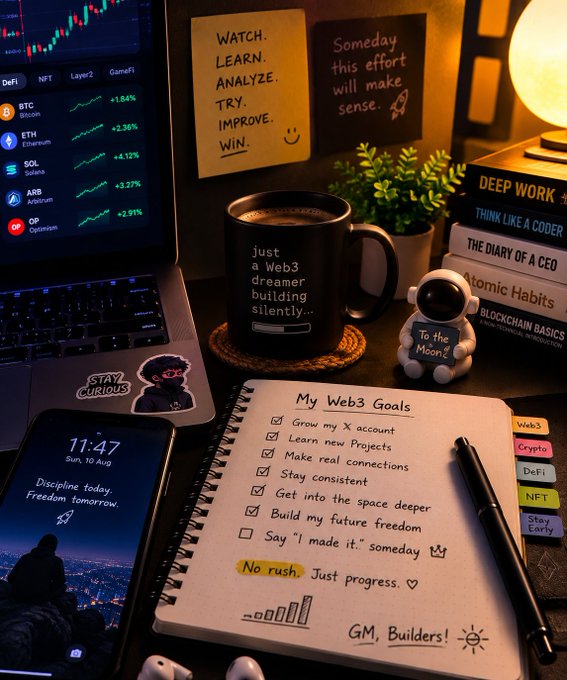A cozy desk setup displays a laptop with crypto market data (BTC, ETH, SOL, ARB, OP), a mug reading 'Just a Web3 dreamer building silently...', sticky notes, a notebook titled 'My Web3 Goals', a phone showing '11:47', and books including 'DEEP WORK' and 'Atomic Habits'.