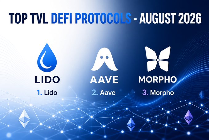 A blue-themed infographic titled 'TOP TVL DEFI PROTOCOLS - AUGUST 2026' ranking Lido (1), Aave (2), and Morpho (3) with their logos, overlaid on a network/Ethereum-style background.