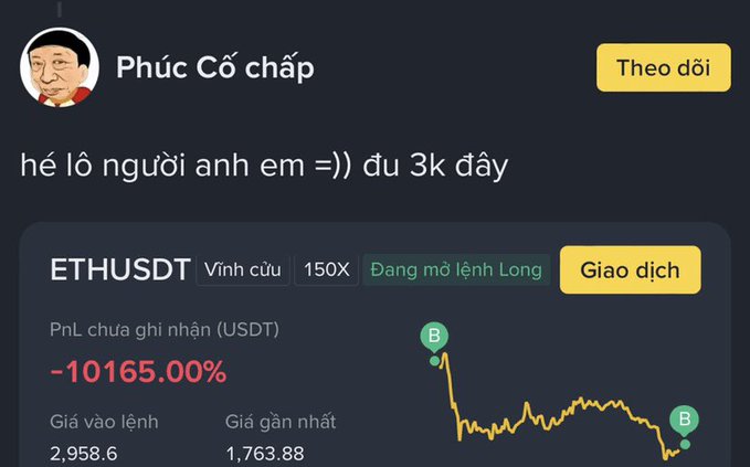 The image features a screenshot of a chat window with a user's name, account, and some information about cryptocurrency prices displayed within it. There are three people visible in the chat; however, they seem to be the main focus of the conversation. The content is primarily English as it includes a post by another person, possibly discussing Bitcoin or ether prices.