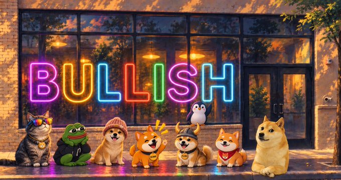 A colorful neon sign reading 'BULLISH' displayed above a group of cute cartoon animals wearing gold chain accessories in front of a brick storefront.