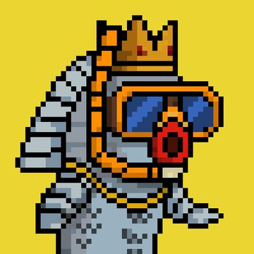 A pixel art sprite of a queen character with a crown, blue visor sunglasses, and an open mouth appears against a bright yellow background.