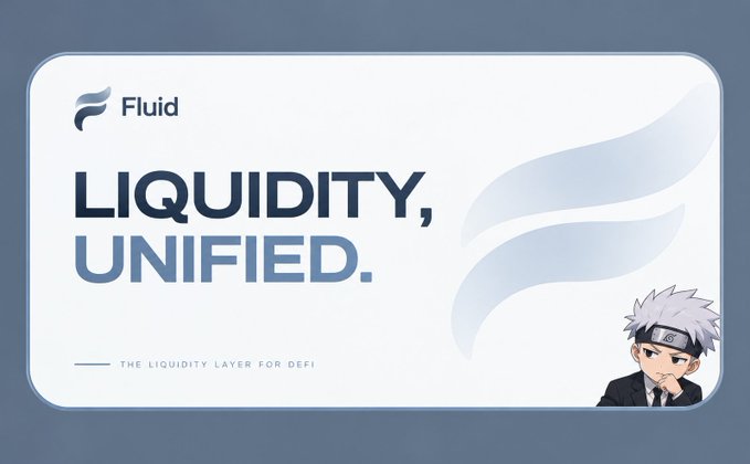 A promotional banner for Fluid with the tagline 'LIQUIDITY, UNIFIED.' and 'THE LIQUIDITY LAYER FOR DEFI,' featuring an anime character with white hair in the bottom right corner.