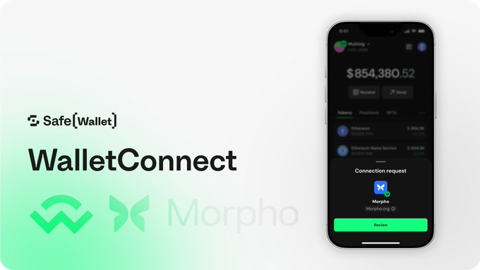 A promotional graphic for Safe{Wallet} displays "WalletConnect" alongside logos for Wormhole and Morpho, next to a smartphone mockup showing a wallet balance of $854,380.52 and a connection request from Morpho.org with a green "Review" button.