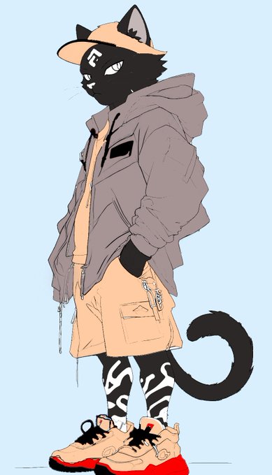 An illustration of a black anthropomorphic cat character wearing a beige cap, a gray jacket over a yellow shirt, an orange skirt, and chunky sneakers.
