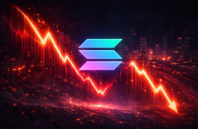 The image shows a graphic design that features a city skyline with a downward sloping line, where a blue triangle represents a falling stock price, possibly related to cryptocurrency. The caption for the image reads "BREAKING: @SOLANA PRICE FALLS MORE THAN ????????YTD CURRENT PRICE?: $79.01 (-2.52%)". This implies that the stock price has decreased compared to its previous high value or the current time, and it is at a lower proportion of the previous high.