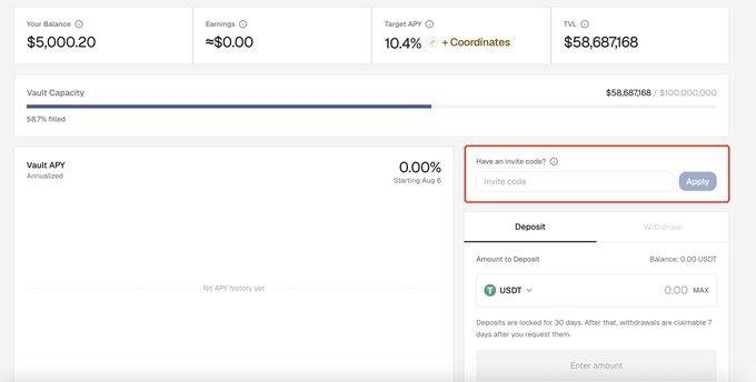 The image shows a vault dashboard displaying a $5,000.20 balance, 10.4% Target APY, and $58,687,168 Total Value Locked (TVL), with a highlighted "Have an invite code?" input field where users can enter the code **Y9VP86KY** to apply a referral bonus on AXIS deposits.