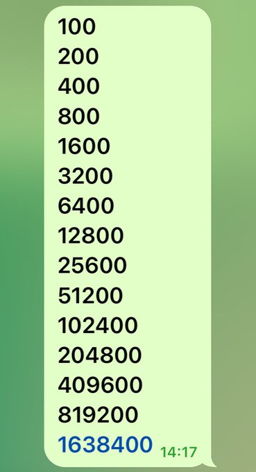 A vertical list of doubling numbers starting from 100 and ending at 1,638,400, with a timestamp of 14:17 in the bottom right corner.