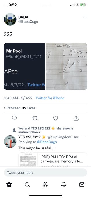 A Twitter/X screenshot from @BabaCugs shows a reply quoting a tweet by @looP_rM311_7211 about 'Mr Pool', with a follow-up reply from @slupkingdom tagging @BabaCugs about a PALLOC DRAM paper.