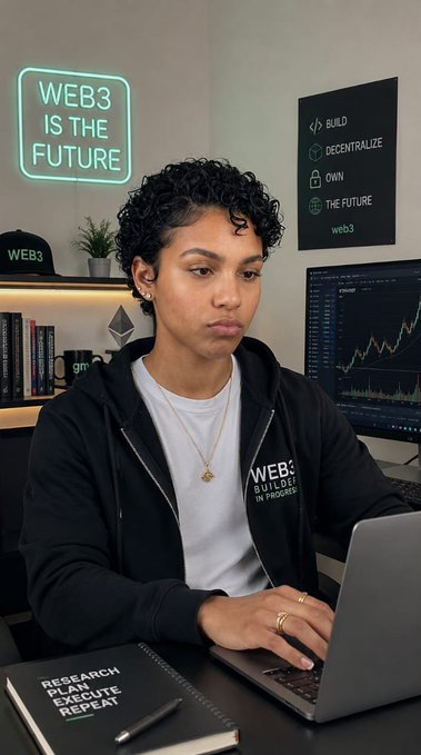 A woman in a WEB3 hoodie works on a laptop in a tech-themed workspace, surrounded by a neon 'WEB3 IS THE FUTURE' sign, a 'BUILD DECENTRALIZE OWN THE FUTURE' poster, and a notebook labeled 'RESEARCH PLAN EXECUTE REPEAT'.