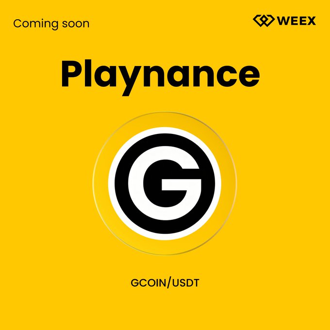 The image features a yellow background with black text that reads "New Listing Alert on #WEEX We're excited to announce the PreListing of Gcoin (USDT) on WEEX!". The text also includes the website address, "weex.com/help/articles".