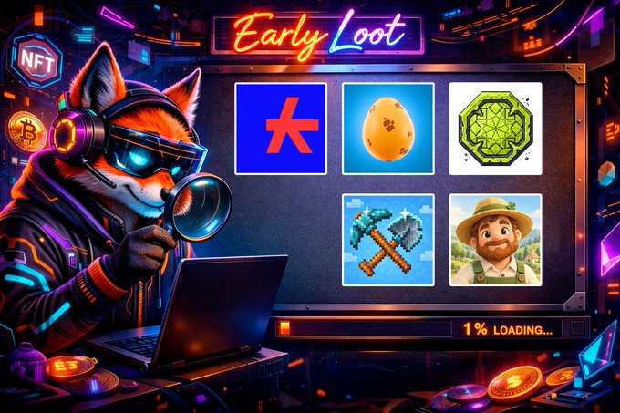 A neon-styled digital scene titled 'Early Loot' featuring a cyberpunk fox in goggles and headphones examining a display of NFT icons, with '1% LOADING...' and Bitcoin symbols shown.