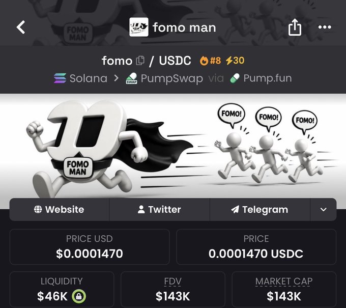 The image shows a cryptocurrency trading page for the "fomo man" token (ticker: FOMO) on the Solana blockchain via PumpSwap/Pump.fun, priced at $0.0001470 USDC with a market cap of $143K and liquidity of $46K. The accompanying post appears to be from the token's community urging holders to pump the price upward, referencing the contract address 3VK1F5r5aykheirDsqJYTsYKzgYxmmvcjQEB1Y5opump—fittingly matching the "FOMO Man" theme of chasing rising prices shown in the artwork.