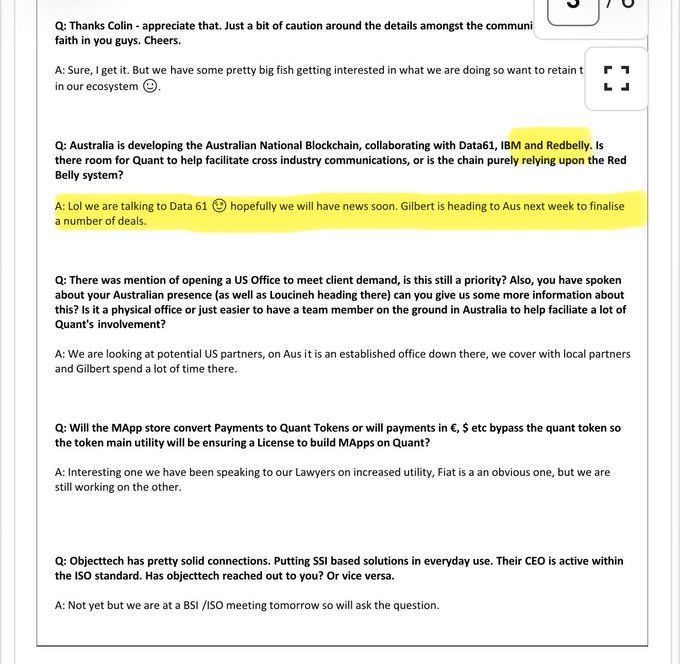 A Q&A document screenshot shows questions and answers about Quant blockchain, with a highlighted response mentioning Data 61 and Gilbert heading to Australia.