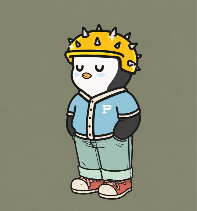A cartoon penguin wearing a yellow spiky helmet, a light blue baseball jacket with a 'P' on it, rolled-up jeans, and red sneakers.