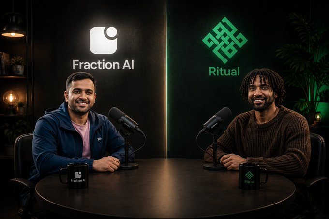 Two men sit at a podcast table with microphones; the backdrop displays logos for 'Fraction AI' and 'Ritual'.