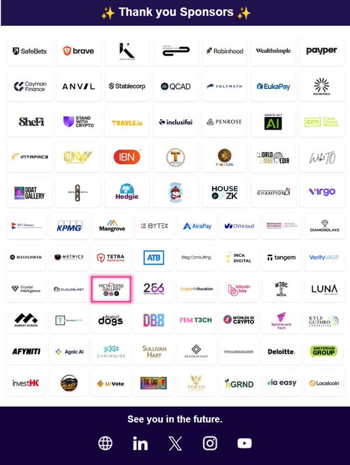 A 'Thank you Sponsors' page displaying numerous company logos including SafeBets, Brave, Robinhood, Wealthsimple, Payper, KPMG, Deloitte, and many others.