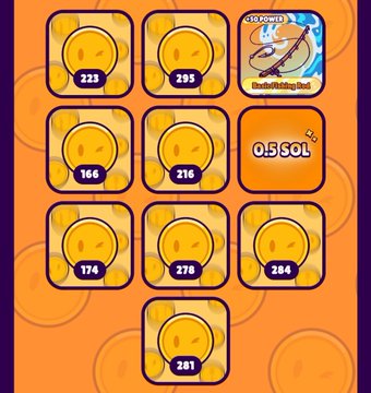 An orange-themed digital collectible interface displaying multiple smiley face icons with numbers (223, 295, 166, 216, 174, 278, 284, 281), one Basketball Dog NFT, and a price of 0.5 SOL.