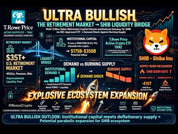 A promotional infographic titled 'ULTRA BULLISH: THE RETIREMENT MARKET → SHIB LIQUIDITY BRIDGE' discussing T.Rowe Price's Active Crypto ETF and institutional capital flows into the Shiba Inu ecosystem.