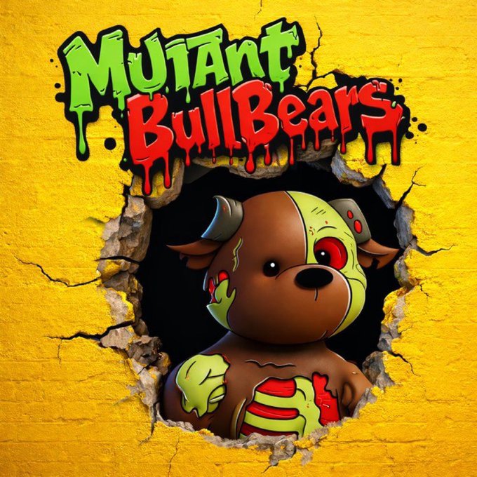The logo 'Mutant BullBears' is displayed above a hole in a yellow wall, revealing a stylized cartoon zombie bear character inside.