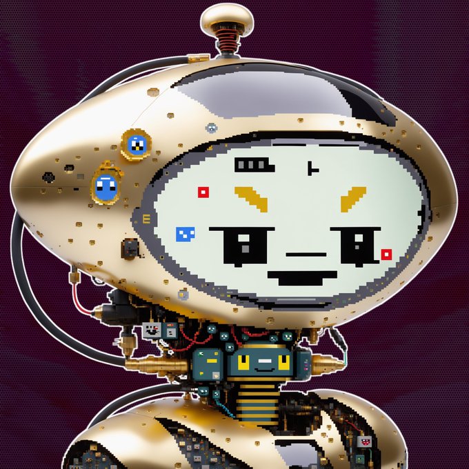 A detailed illustration of a steampunk-style robotic character with a large round face, pixelated features, mechanical details, gauges, and brass/gold metallic construction against a dark purple textured background.