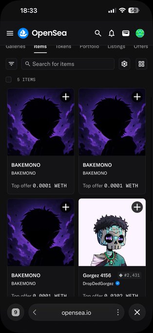 A mobile screenshot of the OpenSea marketplace shows 5 NFT items in the "BAKEMONO" collection, with the top offers listed at 0.0001 WETH. The collection features a dark anime-style character silhouette, and one item (#4156) titled "Gorgez" is displayed with a verified blue checkmark, aligning with the post about minting a new Bakemono NFT.