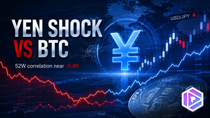A financial graphic titled 'YEN SHOCK VS BTC' displaying a 52W correlation near -0.90, featuring a Japanese Yen symbol, Bitcoin imagery, and descending red line charts.