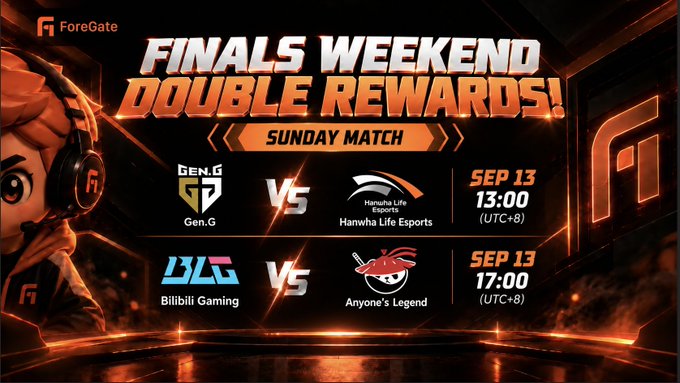 An esports promotional graphic reading 'FINALS WEEKEND DOUBLE REWARDS!' featuring matchups Gen.G vs Hanwha Life Esports and Bilibili Gaming vs Anyone's Legend on Sep 13.