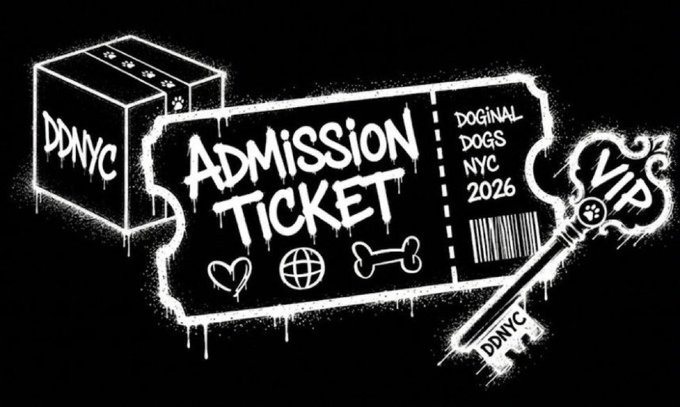 The image features a black background with white text that reads "Admission Ticket" followed by a list of dog-related items, including a key, a box, and a bone. The text also mentions that the event is "doginal dogs" in New York City and that it's sold out if you think New York is wild with the Knicks in the NBA Finals.