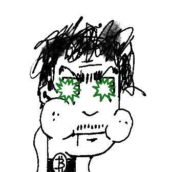 A scribbled cartoon self-portrait features a wild-haired figure with prominent green, starburst-style eyes and puffed cheeks, with a "B" Bitcoin logo on the chest. The exaggerated green eyes visually echo the post's message about "Green eyes" being a coveted and auspicious trait in the Taproot Wizards NFT community.