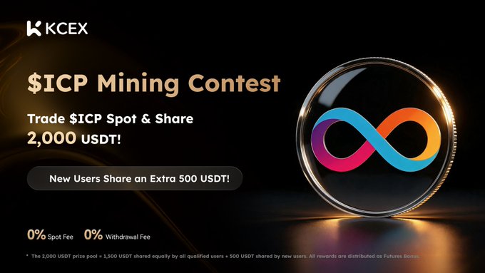 A promotional banner for KCEX featuring a '$ICP Mining Contest' with details like 'Trade $ICP Spot & Share 2,000 USDT!' and '0% Spot Fee', alongside an infinity symbol logo.