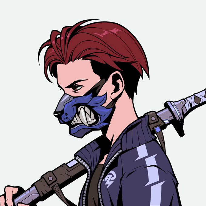 An anime-style character illustration of a young man with reddish-brown hair wearing a blue demon half-mask with bared teeth, a dark jacket, and carrying a katana with a wrapped hilt.