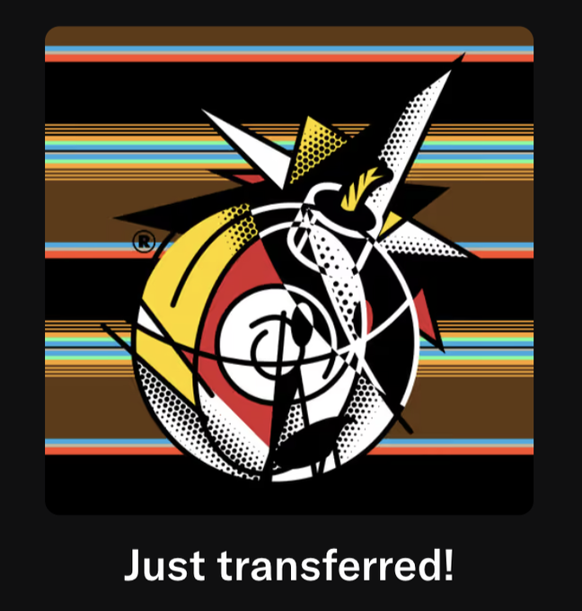 A black graphic with horizontal colored stripes featuring an abstract basketball logo and the text 'Just transferred!'.