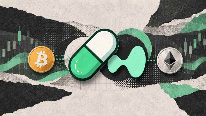 An illustration showing a Bitcoin coin, a green pill, and an Ethereum coin against a backdrop of green waves and trading charts.