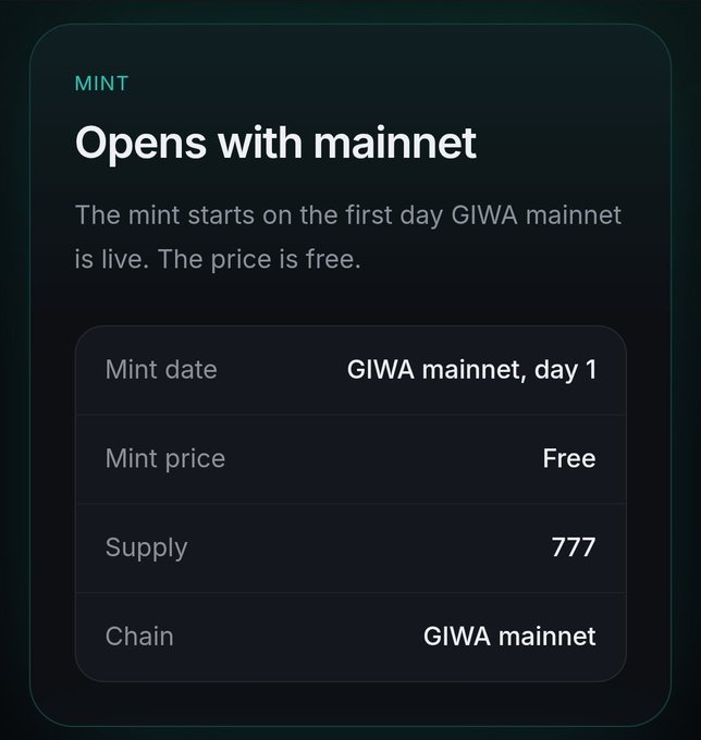 A digital interface announcing an NFT mint that 'Opens with mainnet' on GIWA mainnet day 1, free price, and a supply of 777.