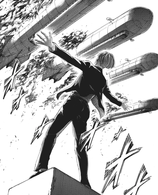 A black-and-white manga panel depicts a figure in a suit standing on an elevated surface, arms outstretched as missiles fly past them amidst debris and sparks.
