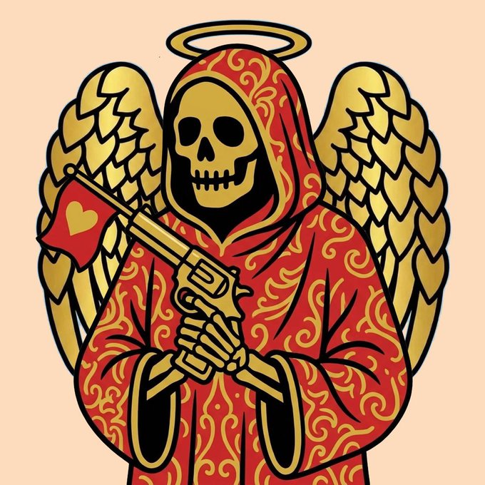 A skeletal figure with golden wings, a halo, and an ornate red robe holds a golden revolver, embodying a "death angel" aesthetic that reflects the post's announcement that all 3,000 NFTs in the collection have fully minted out, with all signed physical ramp slice winners claimed.