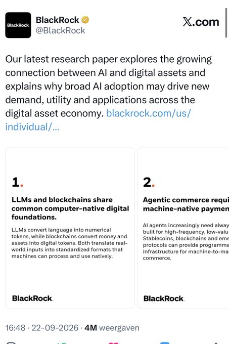 A BlackRock tweet on X.com promoting a research paper on AI and digital assets, highlighting that LLMs and blockchains share computer-native foundations and that agentic commerce requires machine-native payments.