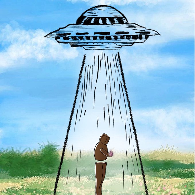 A cartoon illustration shows a hooded figure looking at a phone while a large UFO beams a column of light down upon them in a grassy field.