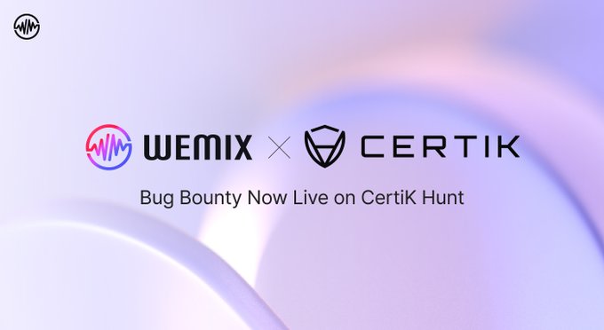 A promotional graphic announcing 'WEMIX x CERTIK - Bug Bounty Now Live on CertiK Hunt' with purple wave background.