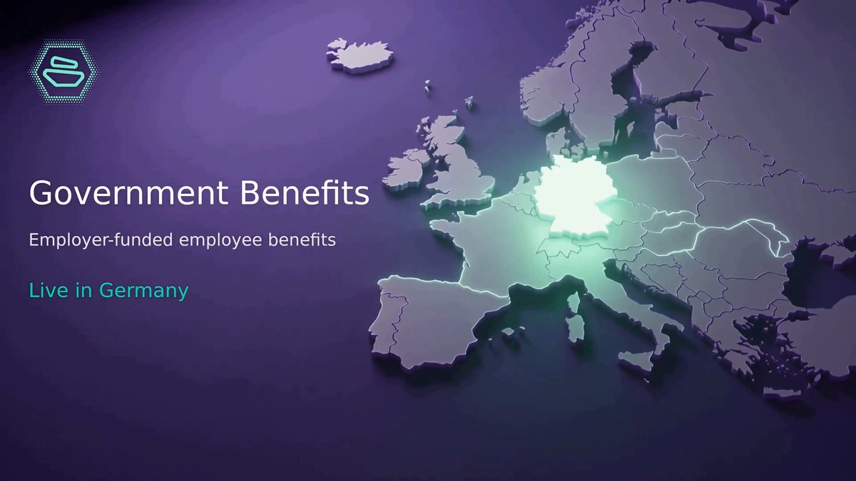 A stylized map of Europe with Germany highlighted in bright white serves as the backdrop for the text "Government Benefits: Employer-funded employee benefits" and "Live in Germany," with a Zebec logo in the top corner. The graphic ties into the post by visually showcasing Zebec's automation of government benefits for German employees, emphasizing their role in modernizing payroll and benefits processing in the region.
