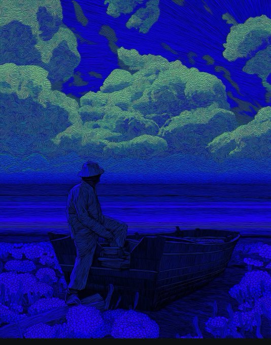A stylized blue and green digital painting or filter effect depicting a person in a hat standing beside a wooden rowboat on a rocky shore under a dramatic cloudy sky.