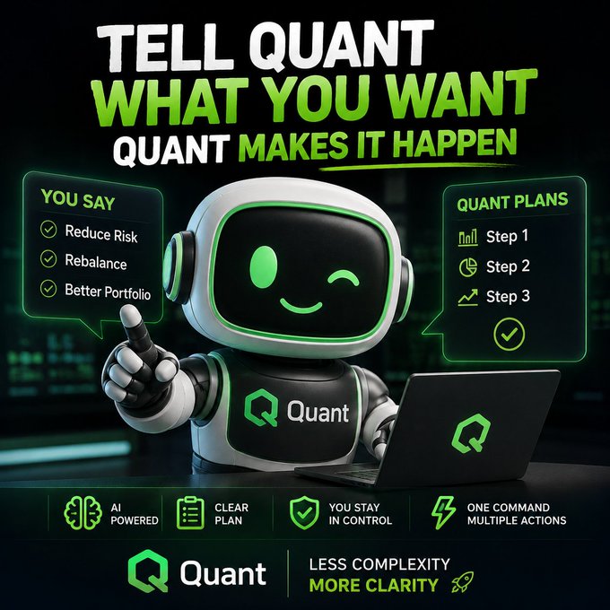Advertisement for 'Quant' featuring a robot character with text 'TELL QUANT WHAT YOU WANT, QUANT MAKES IT HAPPEN', listing features like AI powered, clear plan, you stay in control, and one command multiple actions.