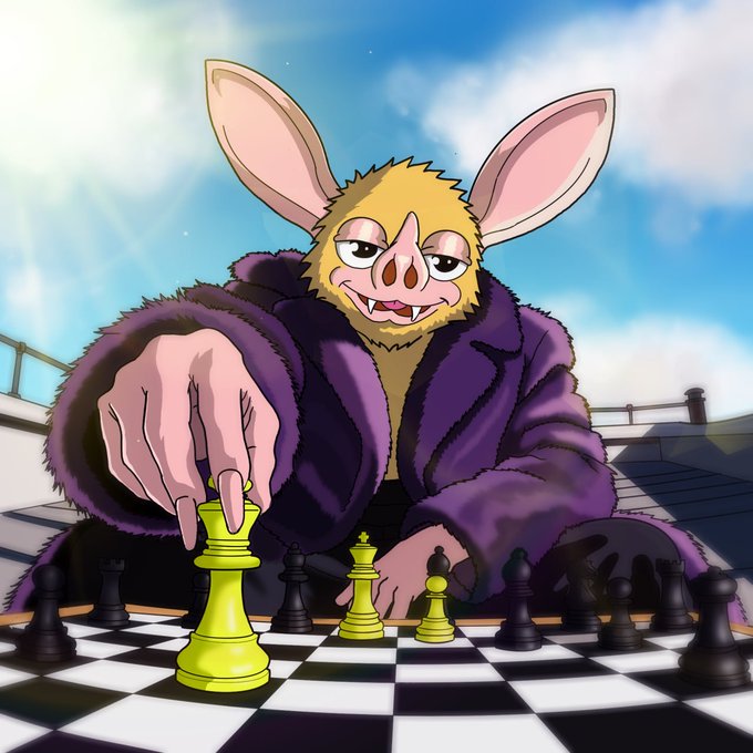 A furry bat-like character wearing a luxurious purple fur coat smirks confidently while grasping a yellow queen chess piece, embodying the post's "one move ahead" message through its clever, calculating expression and dominant strategic play on the board.