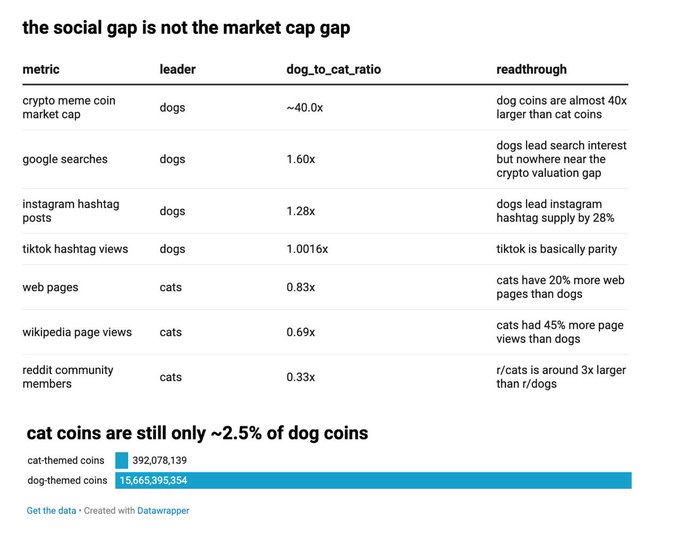 Data table titled 'the social gap is not the market cap gap,' comparing dogs vs. cats across metrics like crypto market cap, Google searches, and social media, showing dog-themed coins have a market cap 40x larger than cat-themed coins despite similar social media presence.